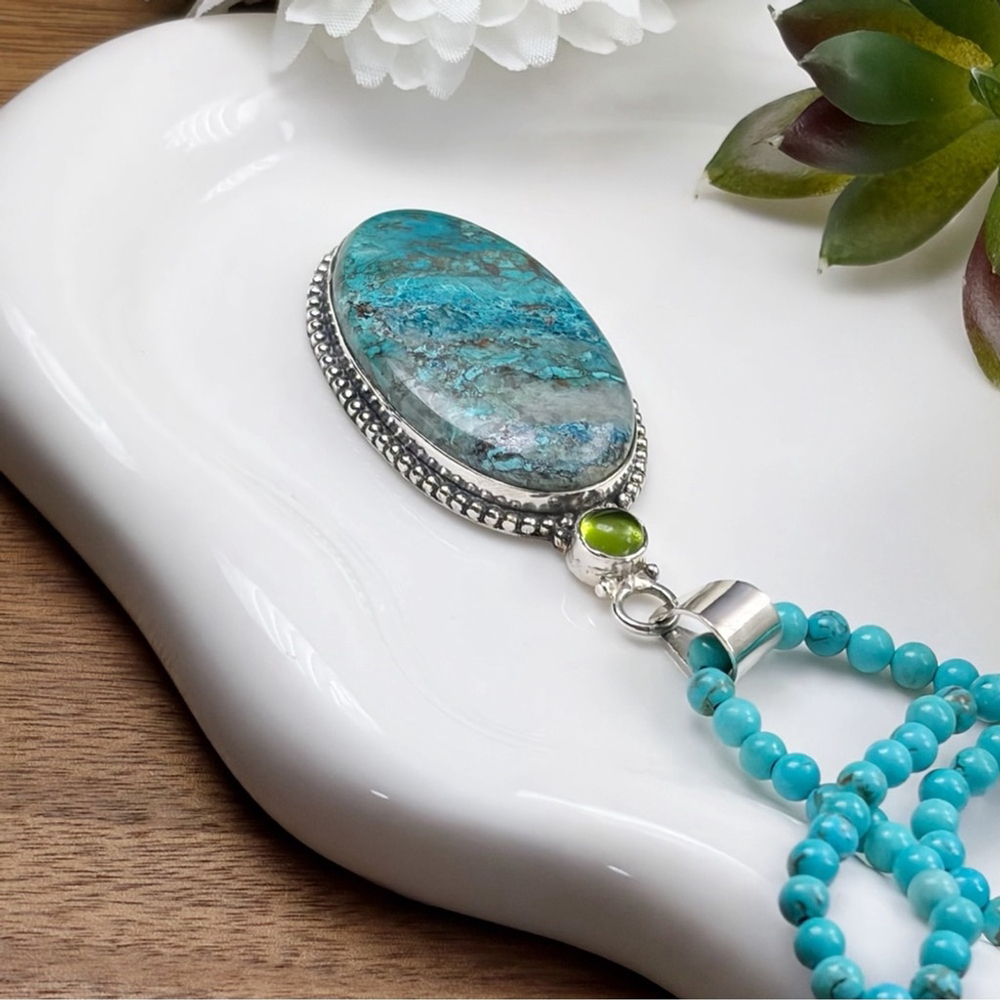 Peridot and Chrysocolla Long Pendant Jewelry Set Lot Turquoise Necklace 925 - Picture 3 of 9